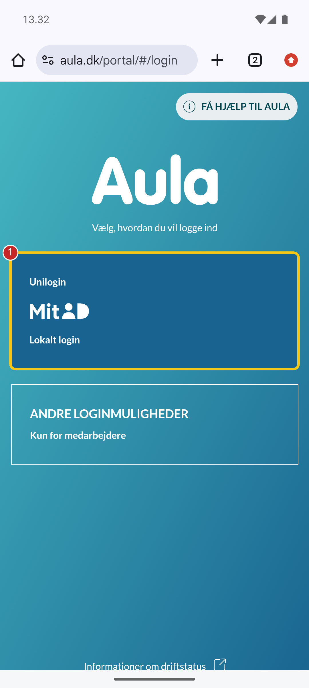Vælg loginmuligheden med UniLogin, MitID og Lokalt login på Android