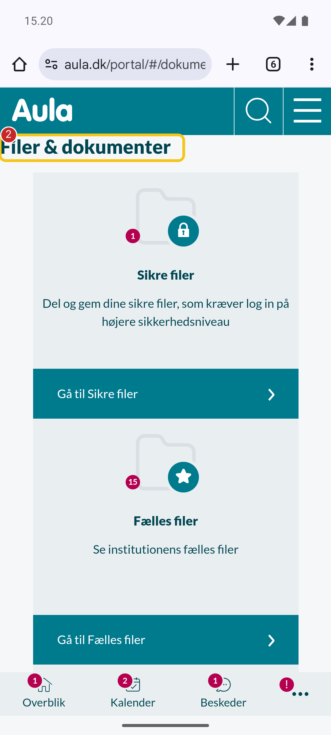 Siden Filer og dokumenter i Aula