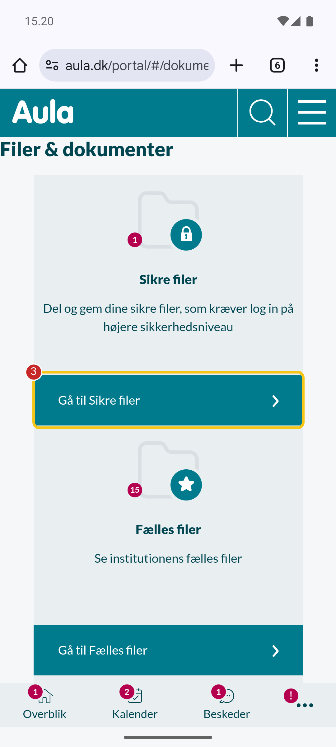 Knappen Gå til Sikre filer