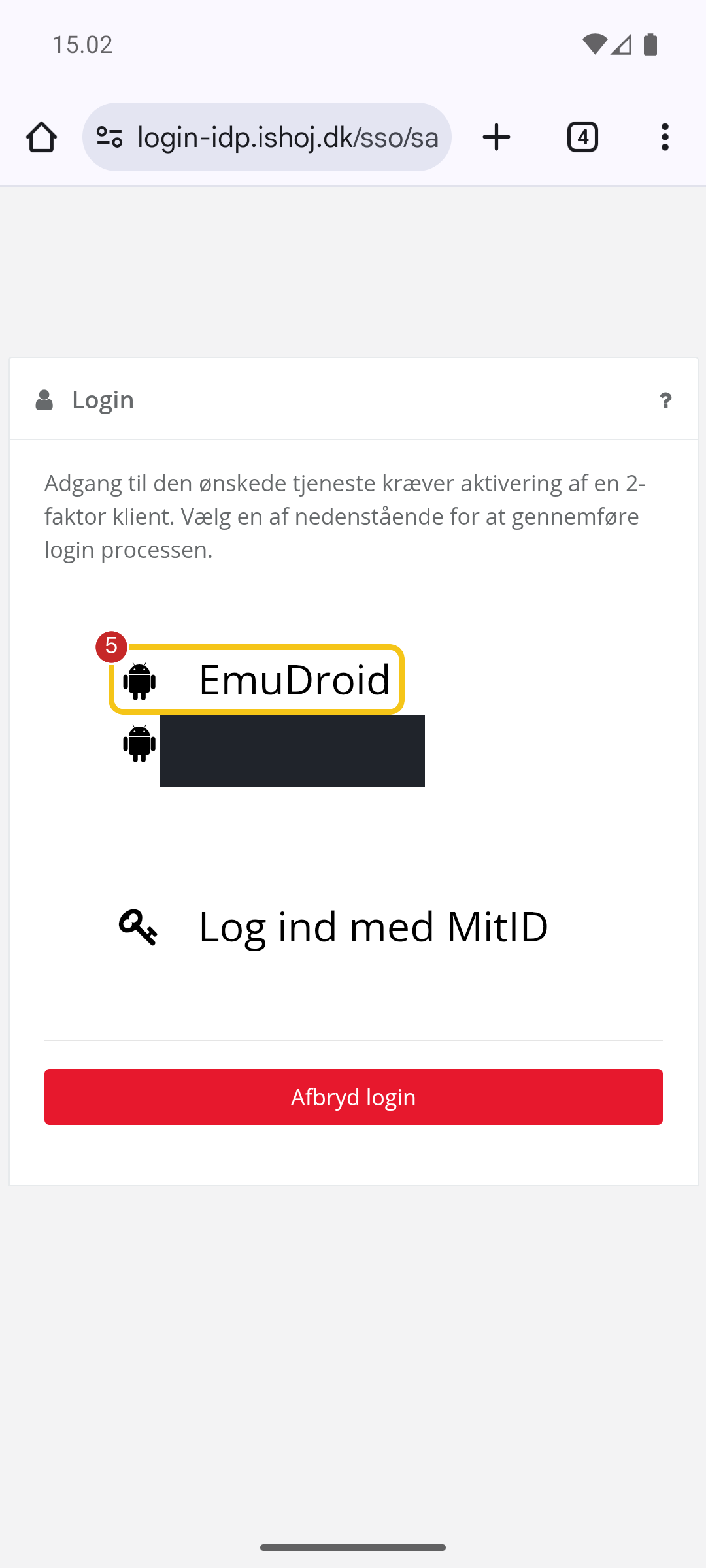 Vælg Android-enheden EmuDroid til OS2faktor