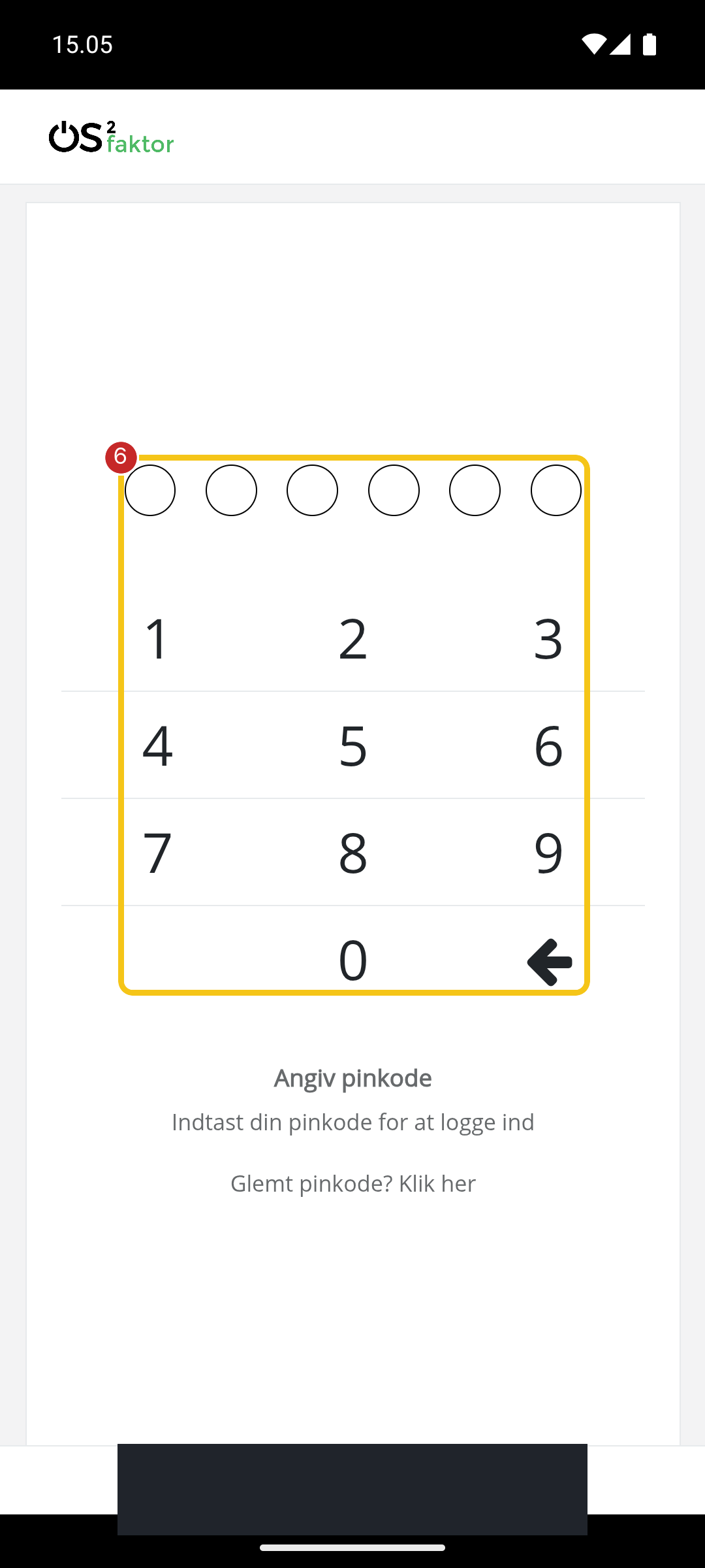Indtast den sekscifrede PIN-kode i OS2faktor